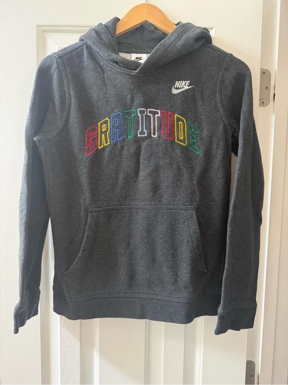 Nike Kids Charcoal Hoodie with Multicolor 'Gratitude' Embroidery